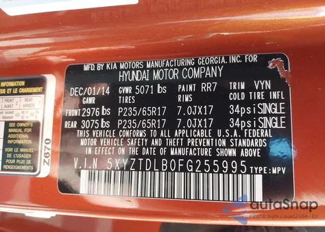 2015 Hyundai Santa Fe Sport 2.4L z USA, uszkodzony, nr VIN 5XYZTDLB0FG255995